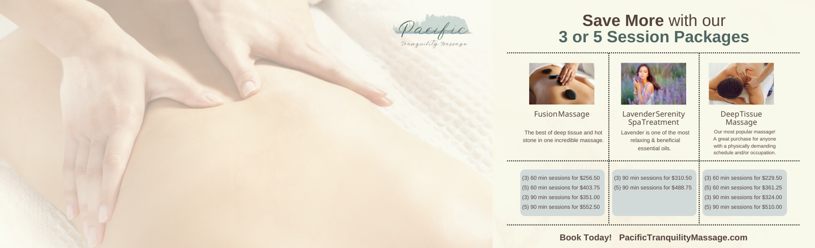 Our spa packages offer 10% off for 3 sessions or 15% off for 5 sessions